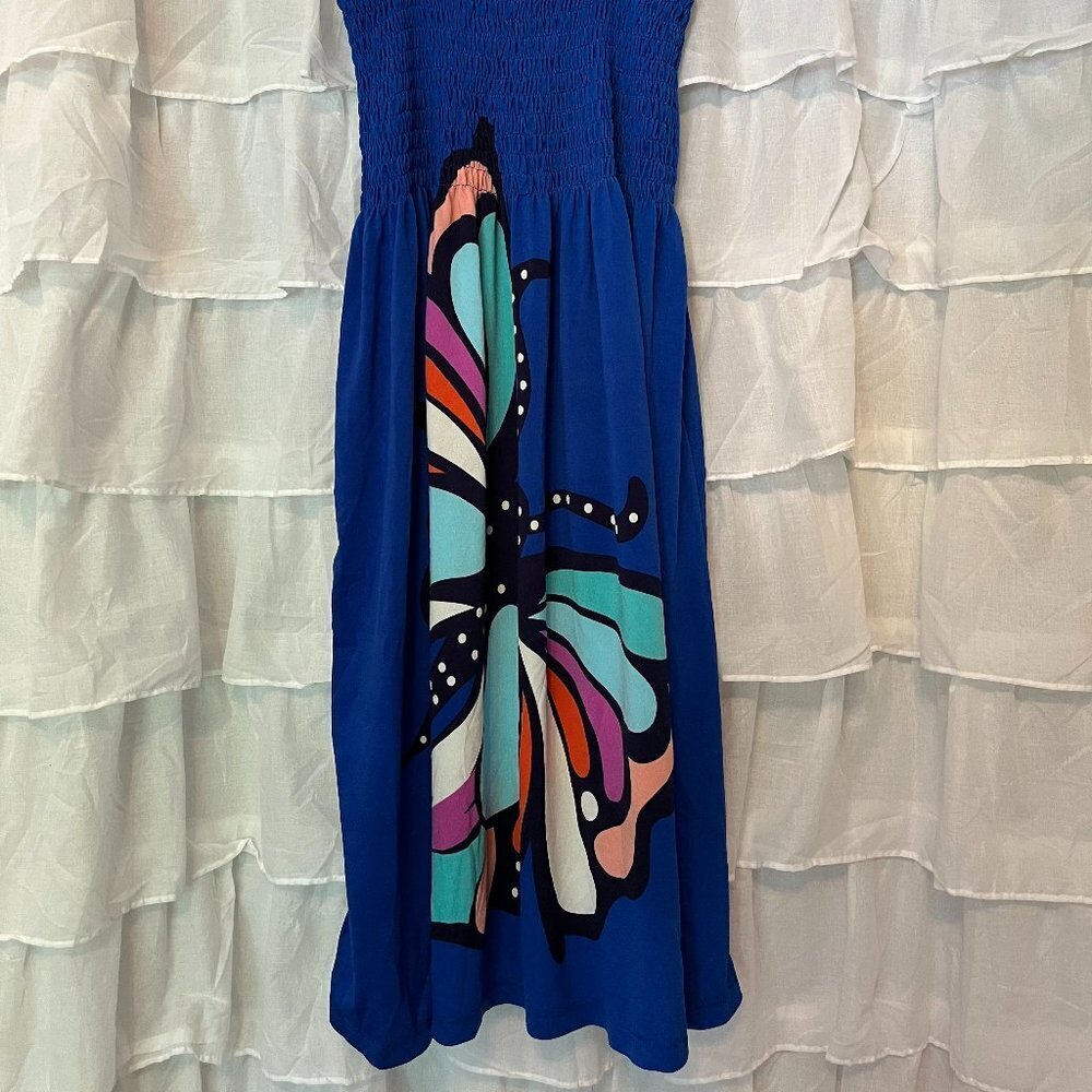 India Boutique Blue Polyester Smock Butterfly Dress w/ Adjustable Straps - Picture 6 of 8